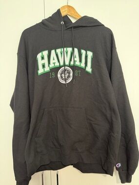 Champion Black Hoodie with Green and White - University of Hawaii
